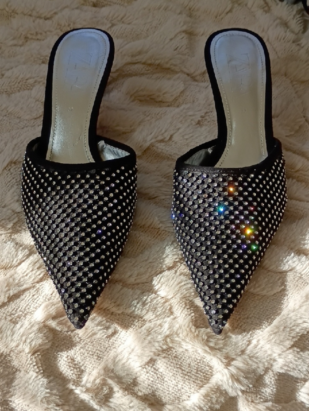 Black Rhinestone Pointed Toe Mule Heels